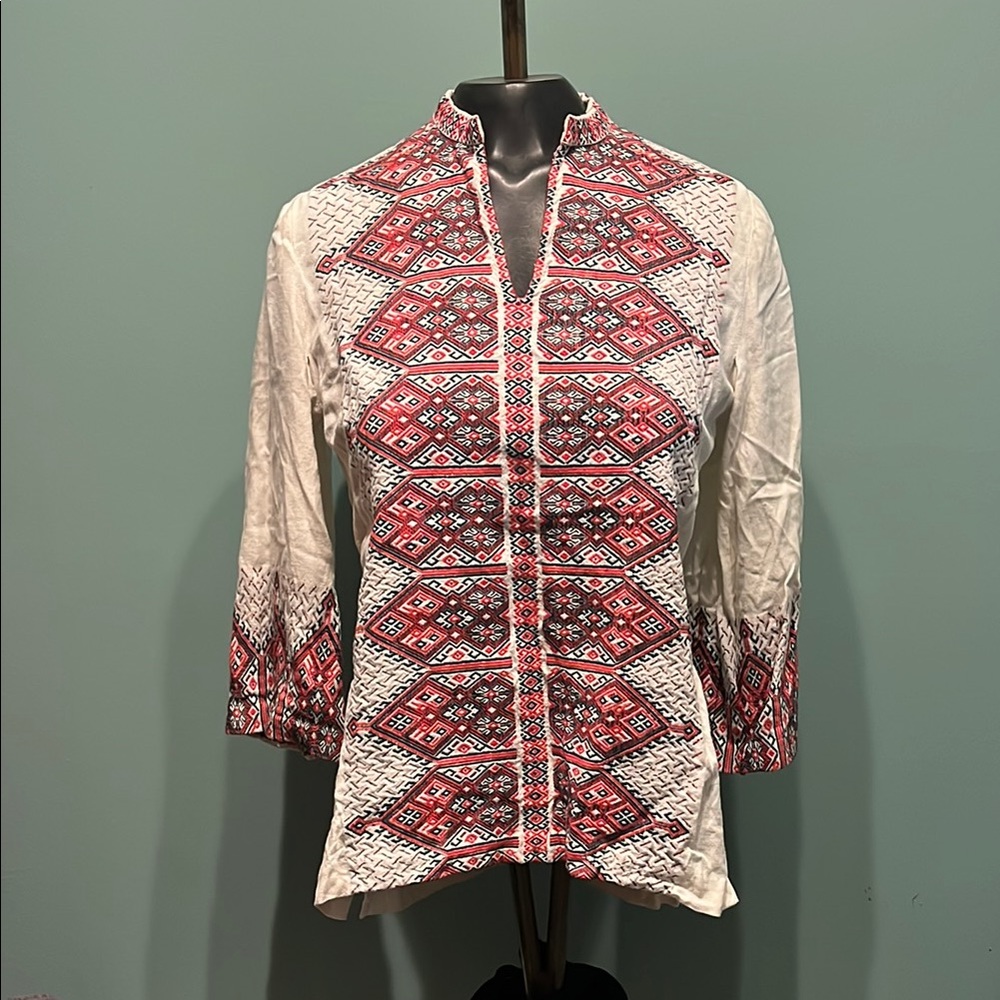 Red and White heavy cotton Shirt Jacket with Embroidery. Extremely nice